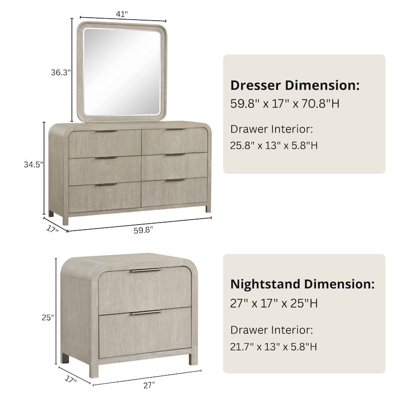Roundhill Furniture Tavari 6-Piece Bedroom Set with Panel Bed, Dresser, Mirror, Two Nightstands, and Chest in Light Gray