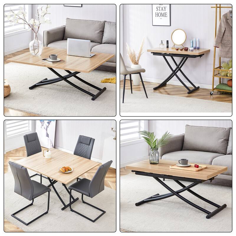 Modern minimalist multifunctional lift table with 0.8-inch MFC tabletop and black metal legs, can be used as dressing table