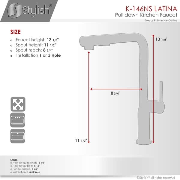 dimension image slide 3 of 8, STYLISH Kitchen Sink Faucet Single Handle Pull Down Dual Mode in Stainless Steel