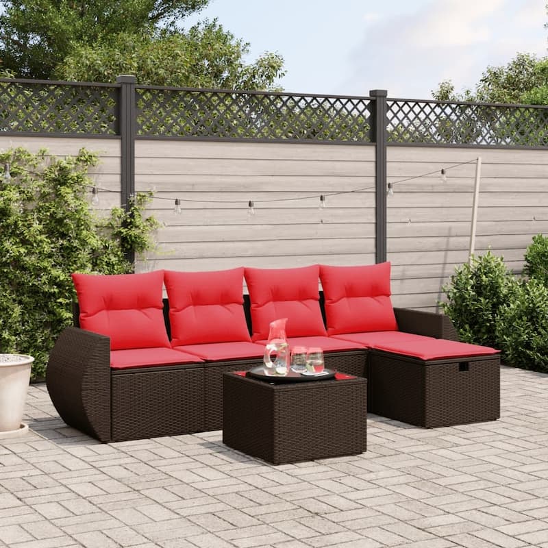vidaXL Patio Sofa Set with Cushions Outdoor Conversation Furniture Poly Rattan - 21.7" x 24.4" x 27.2" - Brown with table