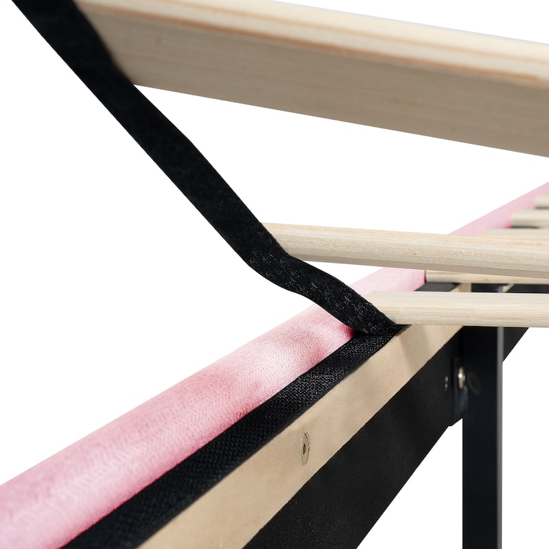 Pink Full Size Upholstered Platform Bed Frame with Button Tufted Linen Fabric Headboard