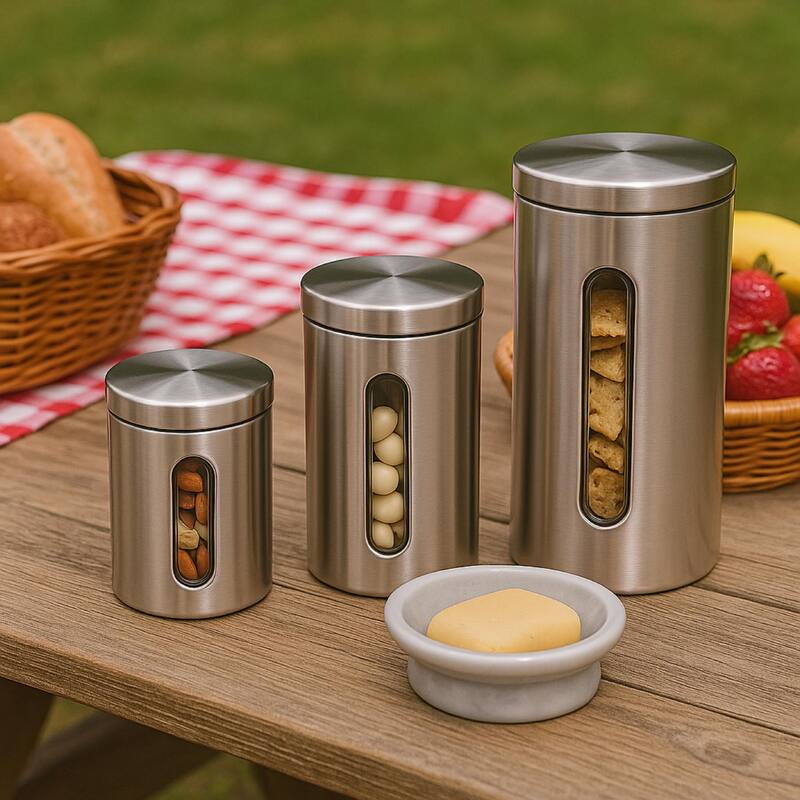 Creative Home Set of 3 Pieces Stainless Steel Canister, Kitchen Storage Jar with Clear See Through Window