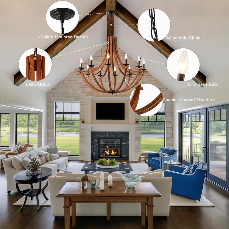 Vintage Farmhouse Chandelier Candle Style Wooden Chandelier Pendant Light Adjustable Height Rustic Hanging Light 