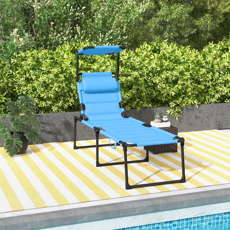 Outdoor Folding Chaise Lounge Chair, Adjustable Sunbathing Lounger with Sun Shade Canopy, Padded Pillow for Beach, Camping