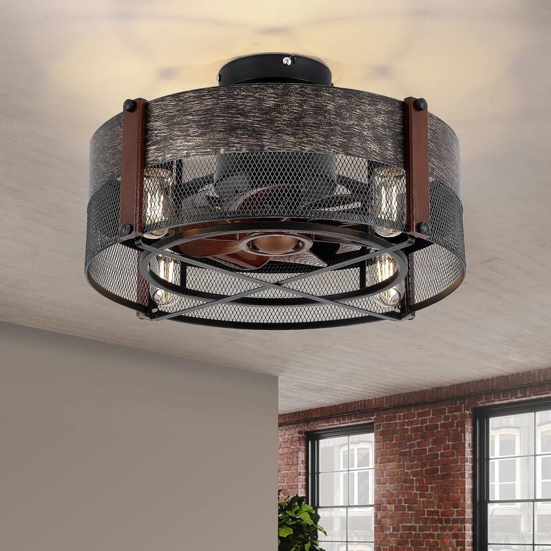 18 and 19 Inches Industrial Caged Ceiling Fan with Light,Downrod Ceiling Fan Light - 19"-Black