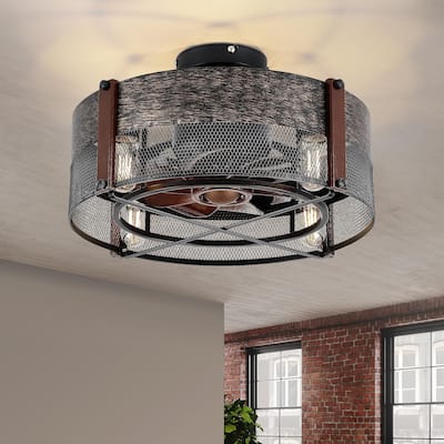 Kviflon 19'' Indoor Black Caged Ceiling Fan, Modern Flush Mount Ceiling Fan with Light for Porch, Patio - N/A