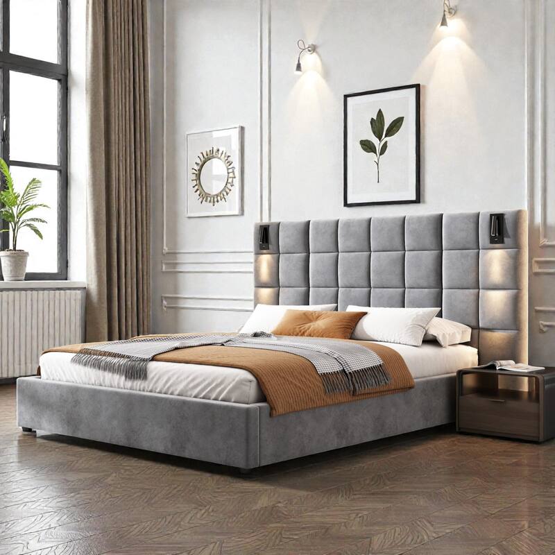 Velvet Upholstered Bed Frame with Wide Headboard, Wall Sconce with USB Port, No Box Spring Needed