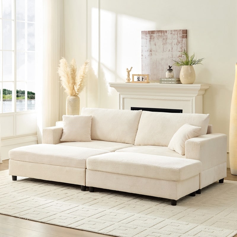 Mixoy Corduroy Chaise Lounge Deep Seat Sleeper Sofa Chair with Storage Ottoman,Upholstered 1-Seater/Loveseat Sofa Couch