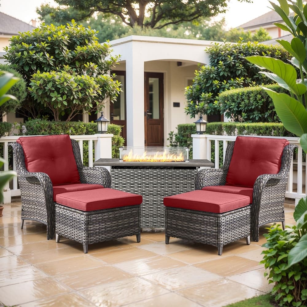 Gymojoy 5-Piece Outdoor Furniture Set, 2 Patio Chairs, 2 Ottomans & 55K BTU Fire Pit Table