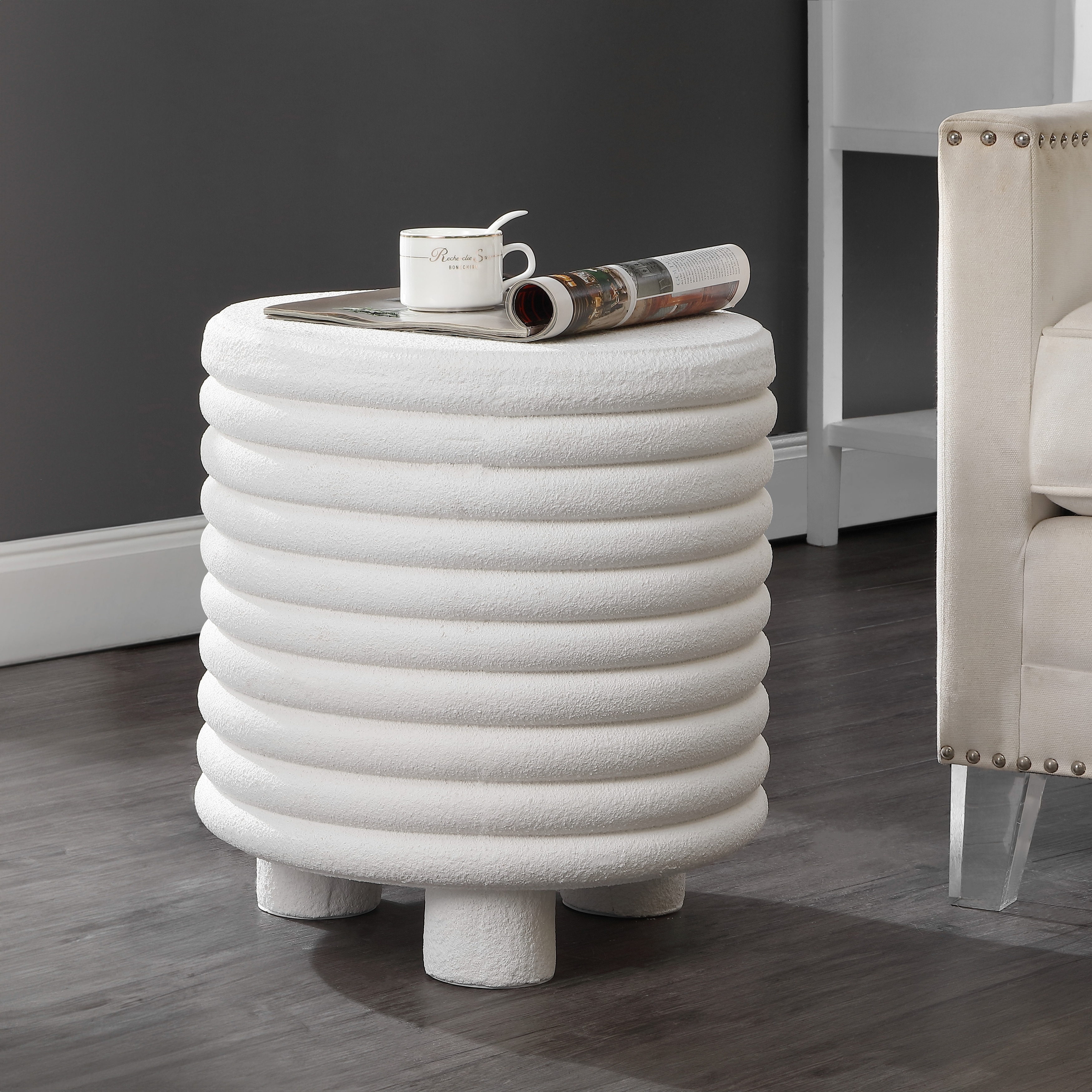 Evans Modern Ribbed Drum Polyresin Outdoor Accent Table and Garden Stool, Weather-Resistant Footed Patio Side Table