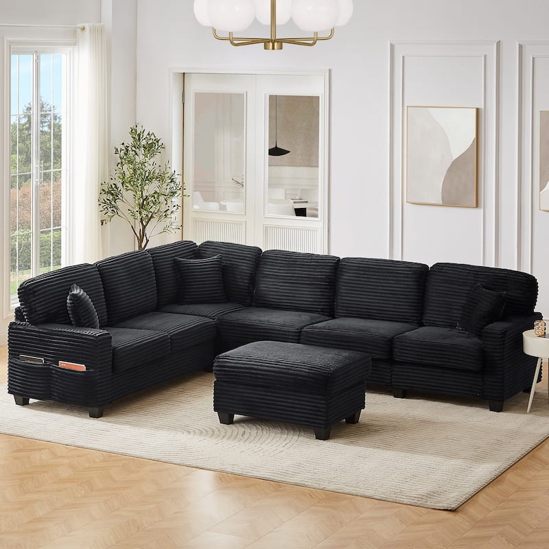 Roomfitters U-Shaped Upholstered Sectional Sofa with Movable Ottoman and Side Storage Pockets for Living Room