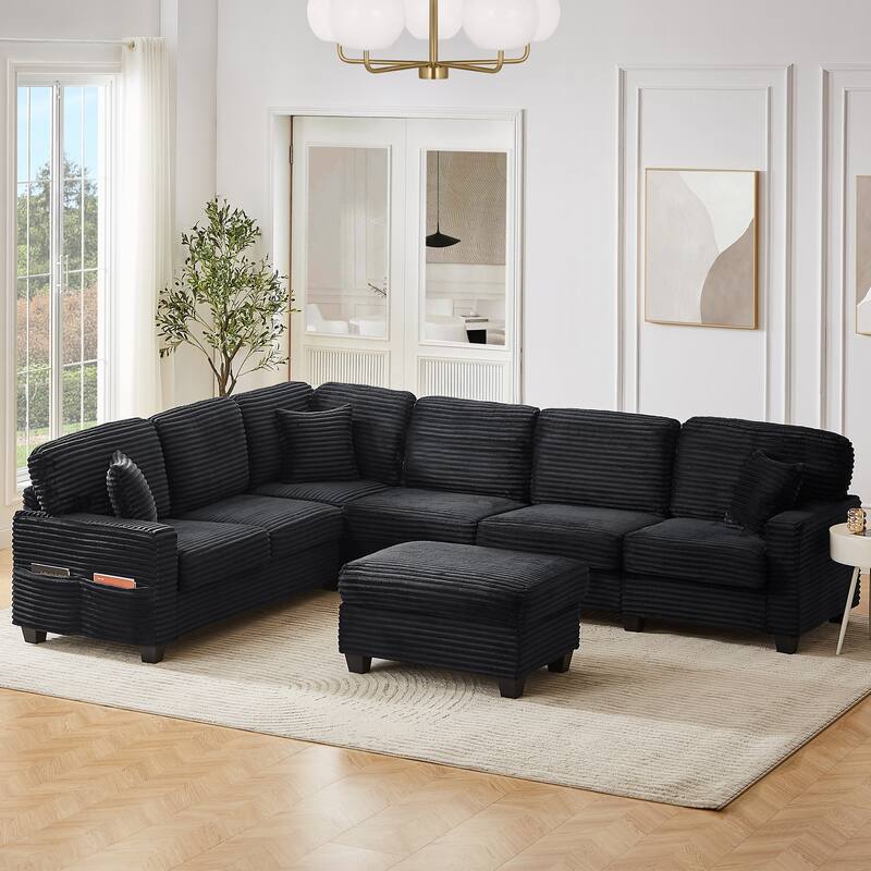 Sectional Sofa U-shaped Sectional 125.2" Upholstered L-shaped Sofa with a Movable Ottoman and Side Storage Pockets