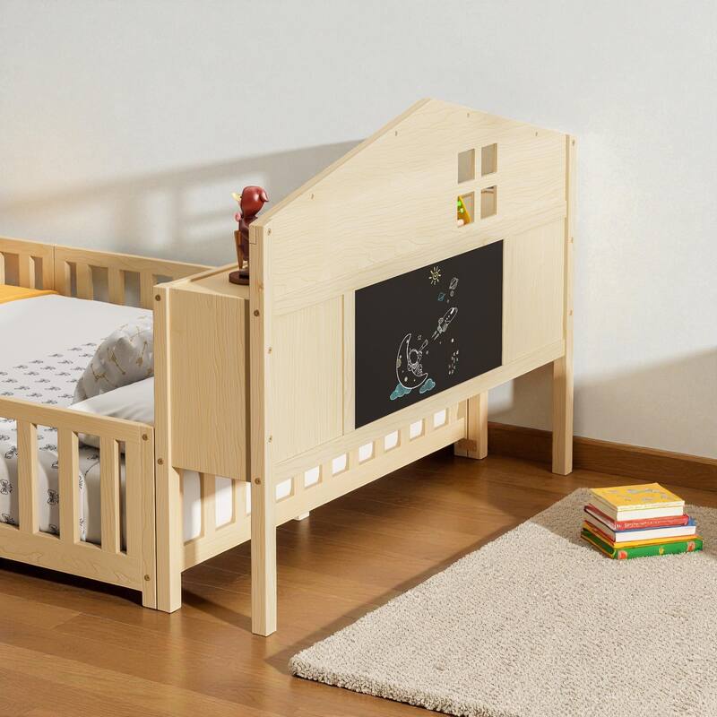 Full Size Montessori Floor Bed with Guard Rails, Bookcase Headboard & Blackboard, Solid Wood Platform Bed for Kids