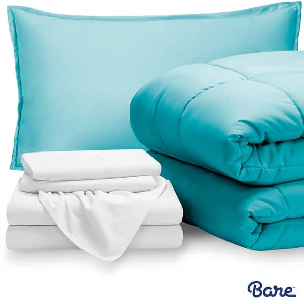 slide 2 of 6, Bare Home Bed-in-a-Bag Down Alternative Comforter & Sheet Set Aqua/White - Twin