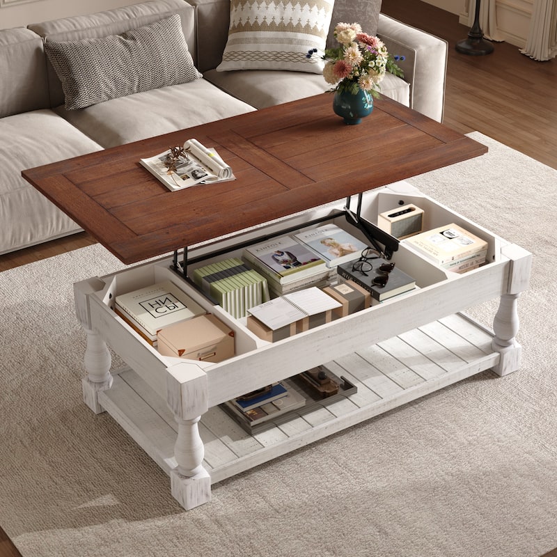 Farmhouse 47.24" Lift Top Coffee Table with Storage Trays Handcrafted Solid Wood for Stylish Living Room Storage