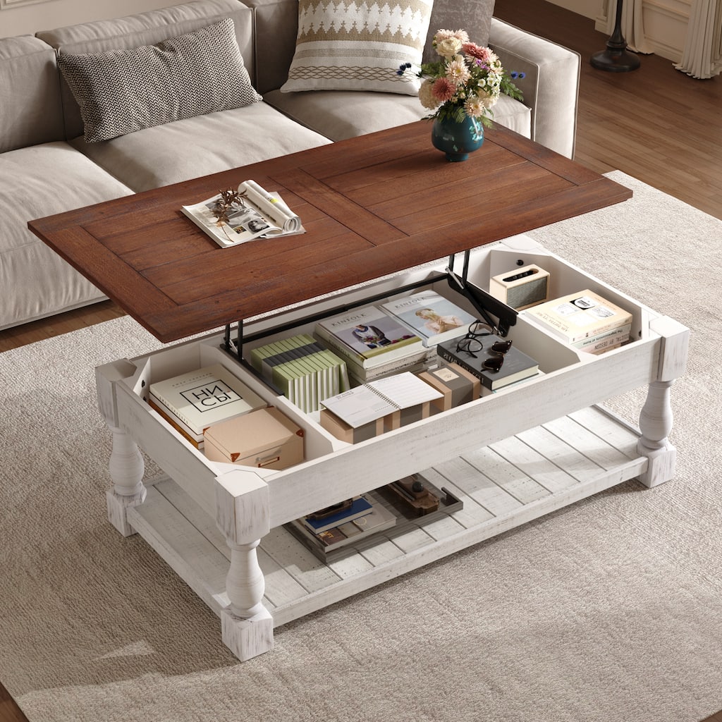 GDFStudio - Farmhouse Wooden Lift-Top Coffee Table with Storage