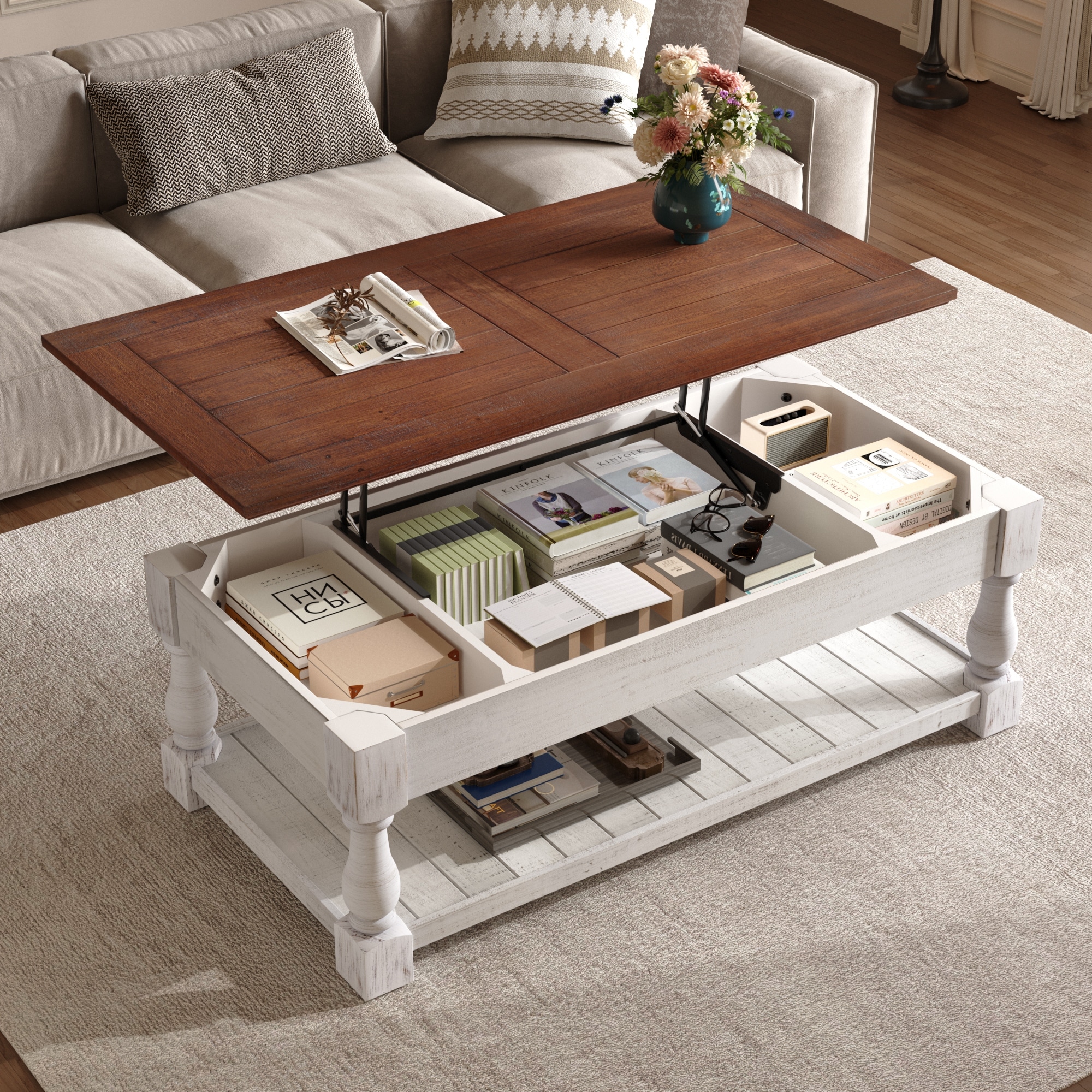 Retro Lift-Top Coffee Table with Storage for Living Room, Hidden Compartment & Lower Shelf, Espresso & Weathered White Finish