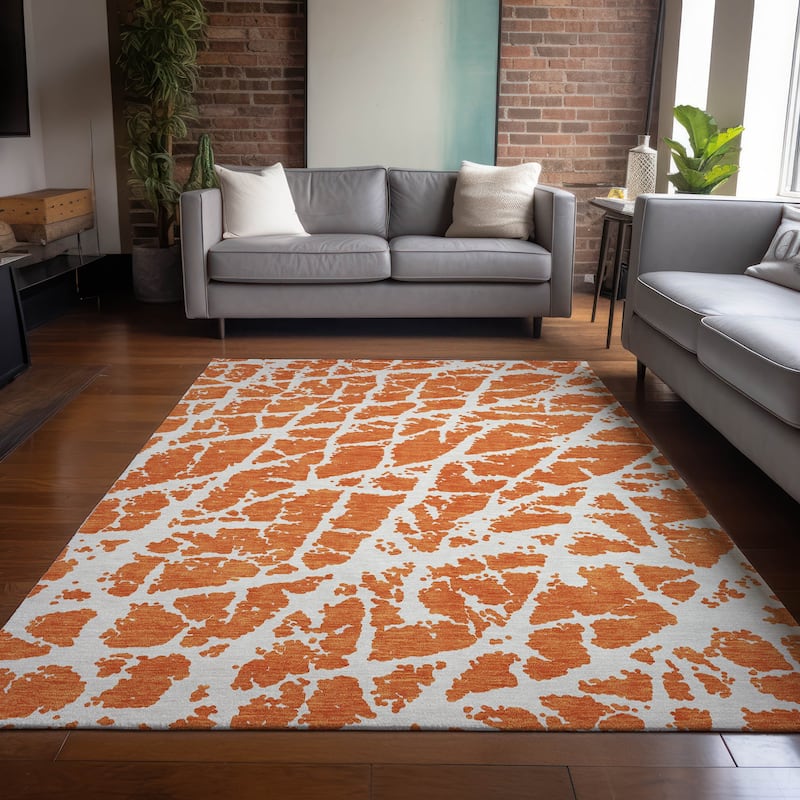 Machine Washable Indoor/ Outdoor Transitional Orange Crackle Chantille Rug