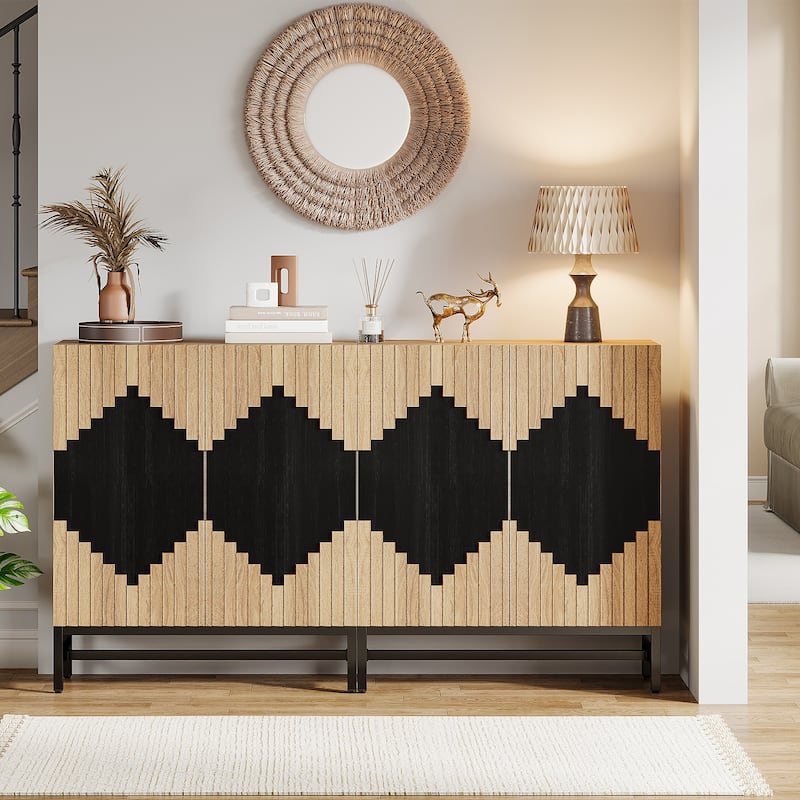 Sideboard Buffet Cabinet with 4 Doors and Adjustable Shelves - Light Oak & Black