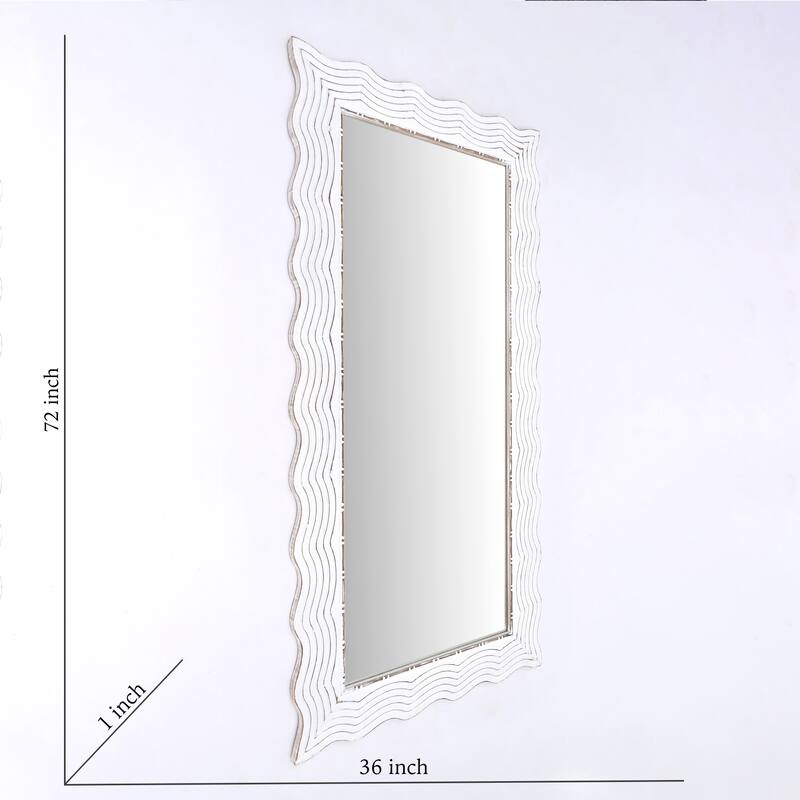Rustic White Solid Wood Handcarved Wave Rectangle Mirror - Accent Decor - Antique White