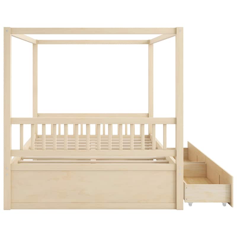 Wooden Canopy Bed Frame with Storage Drawers, Modern Poster Bed, Available in Queen or King