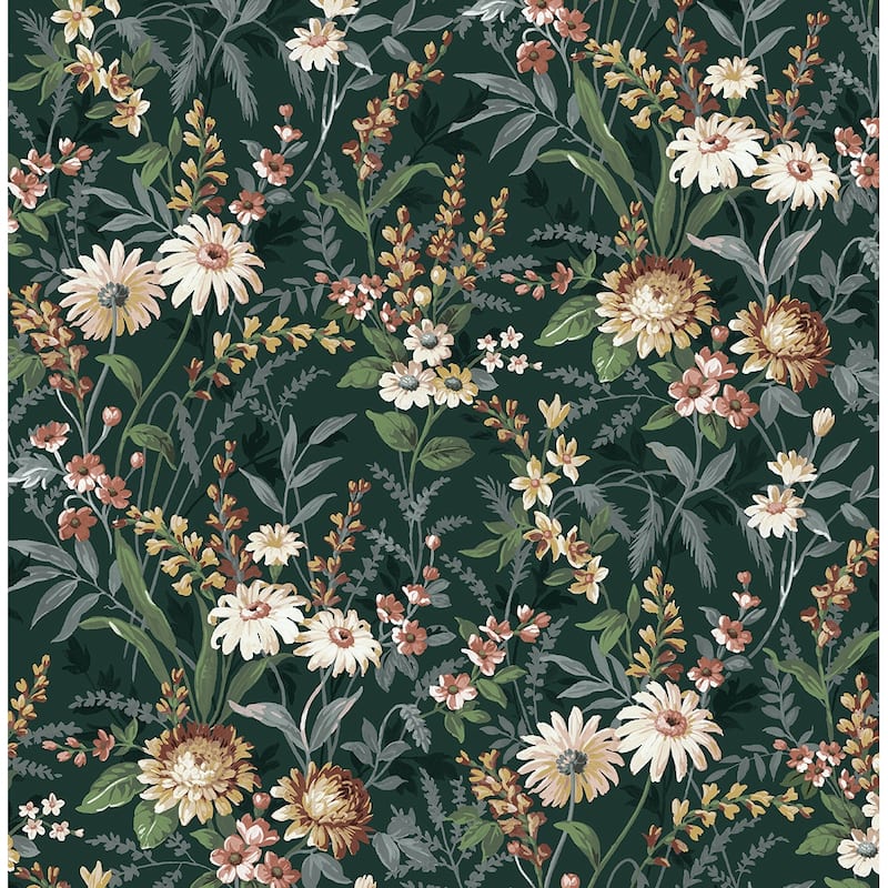 NextWall Vintage Floral Peel and Stick Wallpaper - 20.5 in. W x 18 ft. L - Forest Green