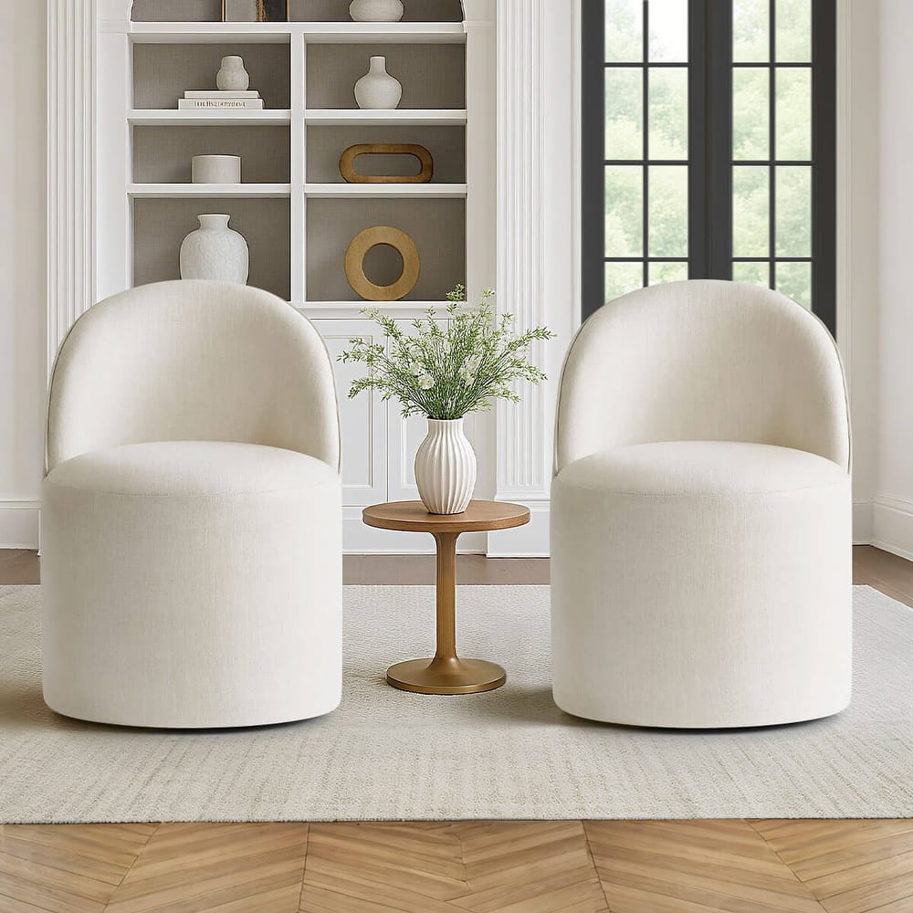 Upholstered Linen Barrel Accent Chair with with Castors(Set of 2)