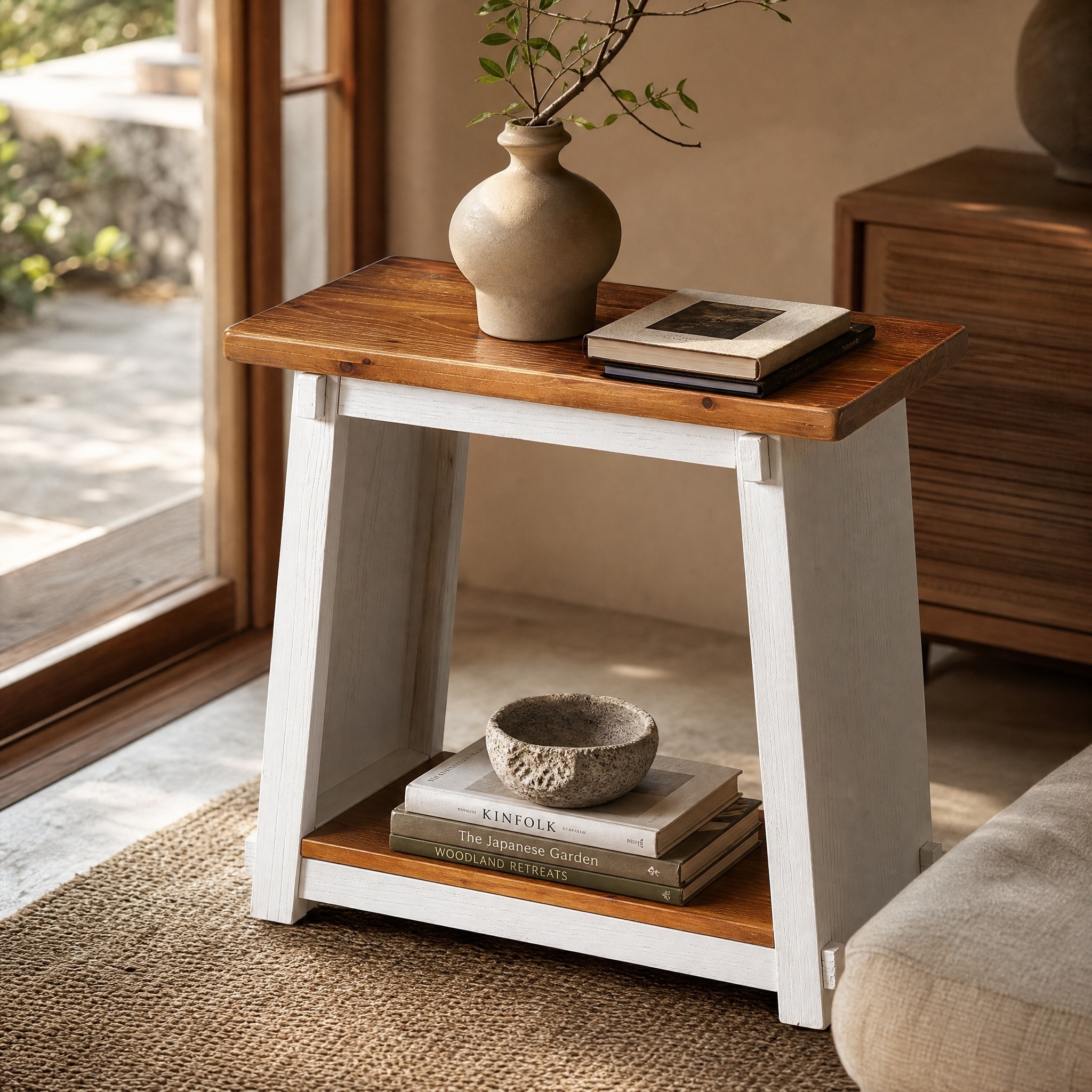 Solid Wood End Table, Small Side Table with Storage Shelf, Narrow Bedside Table for Bedroom Living Room