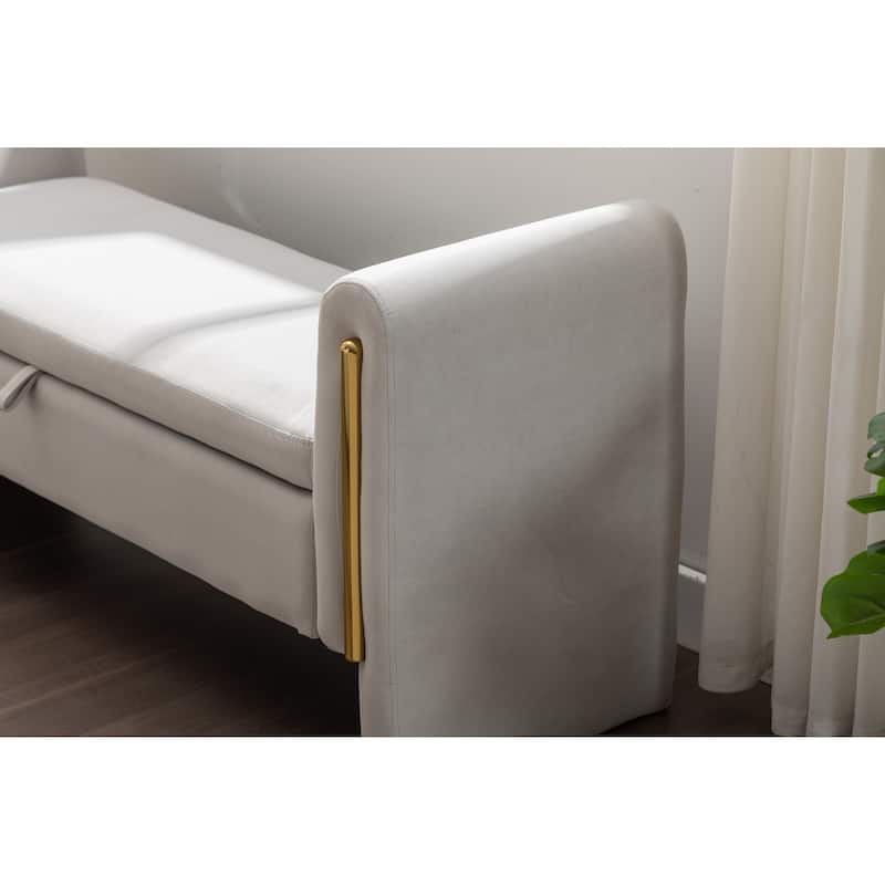 Velvet Fabric Storage Bench Bedroom Bench With Gold Metal Trim Strip For Living Room Bedroom Indoor