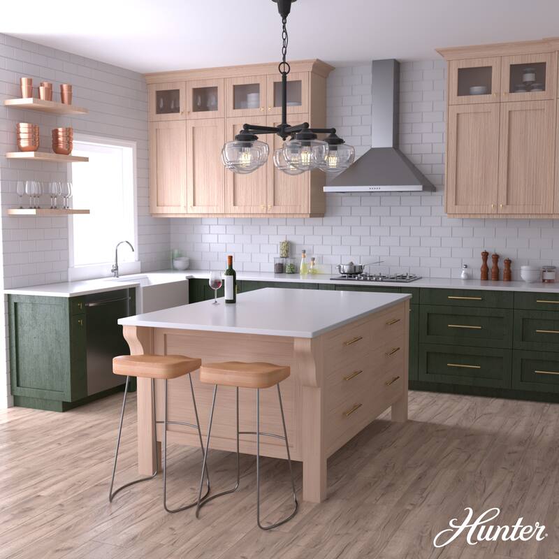 Hunter Saddle Creek Contemporary Schoolhouse Chandelier - Clear or White Glass Globes - Entry, Dining Room, Kitchen Table
