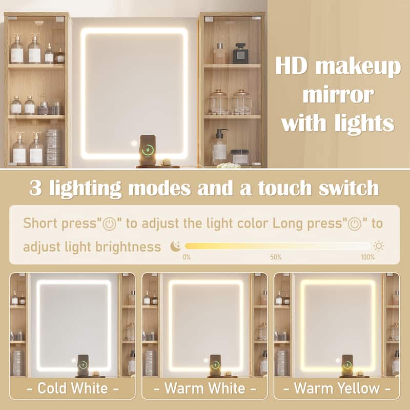 43.5" Fluted Makeup Vanity Desk with Mirror and Lights, with 10 Drawers & 2 Transparent Glass Cabinets