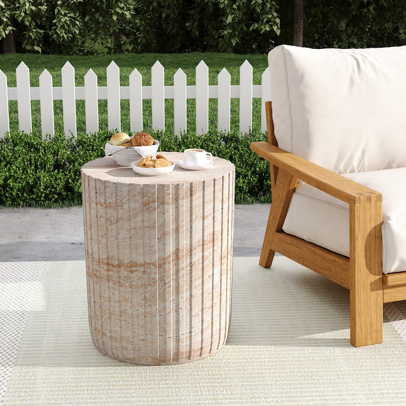 Roomfitters Outdoor Indoor Lightweight Side Table, Modern Cylinder Accent End Table with Vertical Fluted Design - Beige