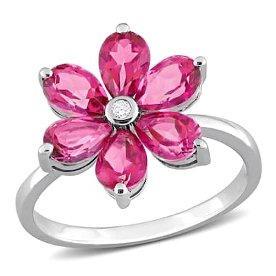 Miadora 2 4/5ct TGW Pear Shape Pink Topaz and Diamond Accent Floral Ring in 10k White Gold
