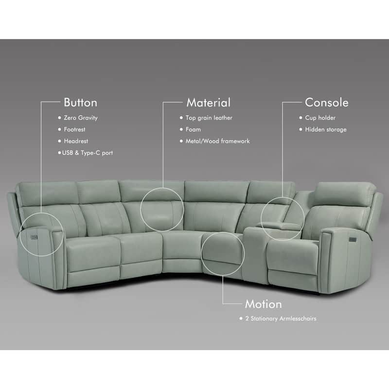 104" W Genuine Leather Power Recliner Sectional Sofa with Zero Gravity, Ajustable Headrest, USB Ports & Console