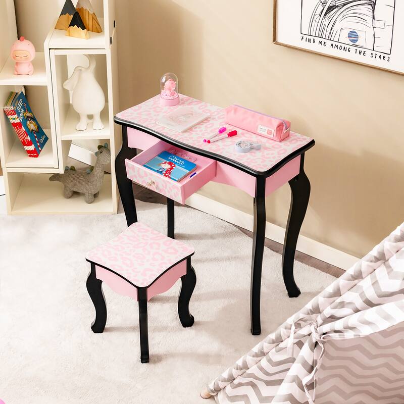 Costway Kid Vanity Set Wooden Makeup Table Stool Tri-Folding Mirror - See Details