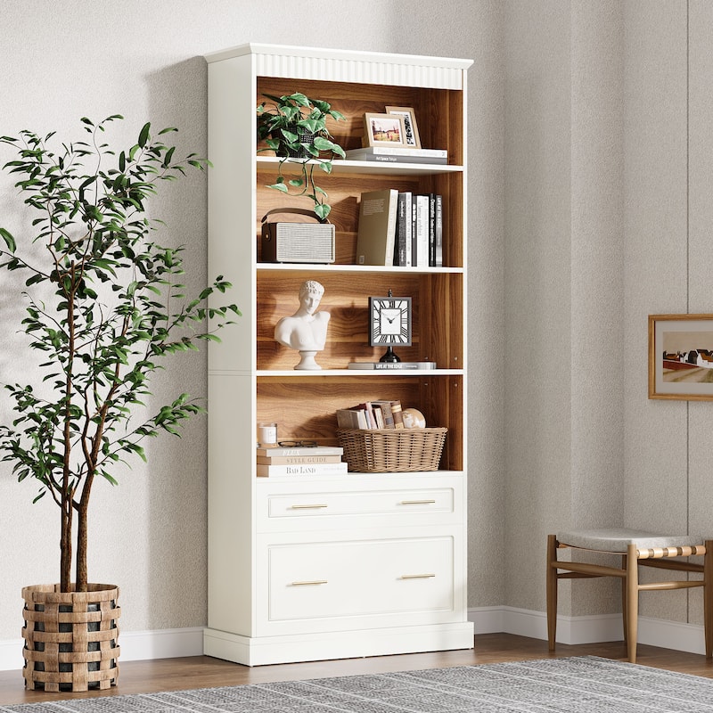 5-tier Tall Modern Wood Bookcase Bookshelf with File Cabinet Drawer