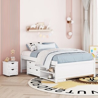 White Full Size Platform Bed with Trundle, Storage Box, and Nightstand