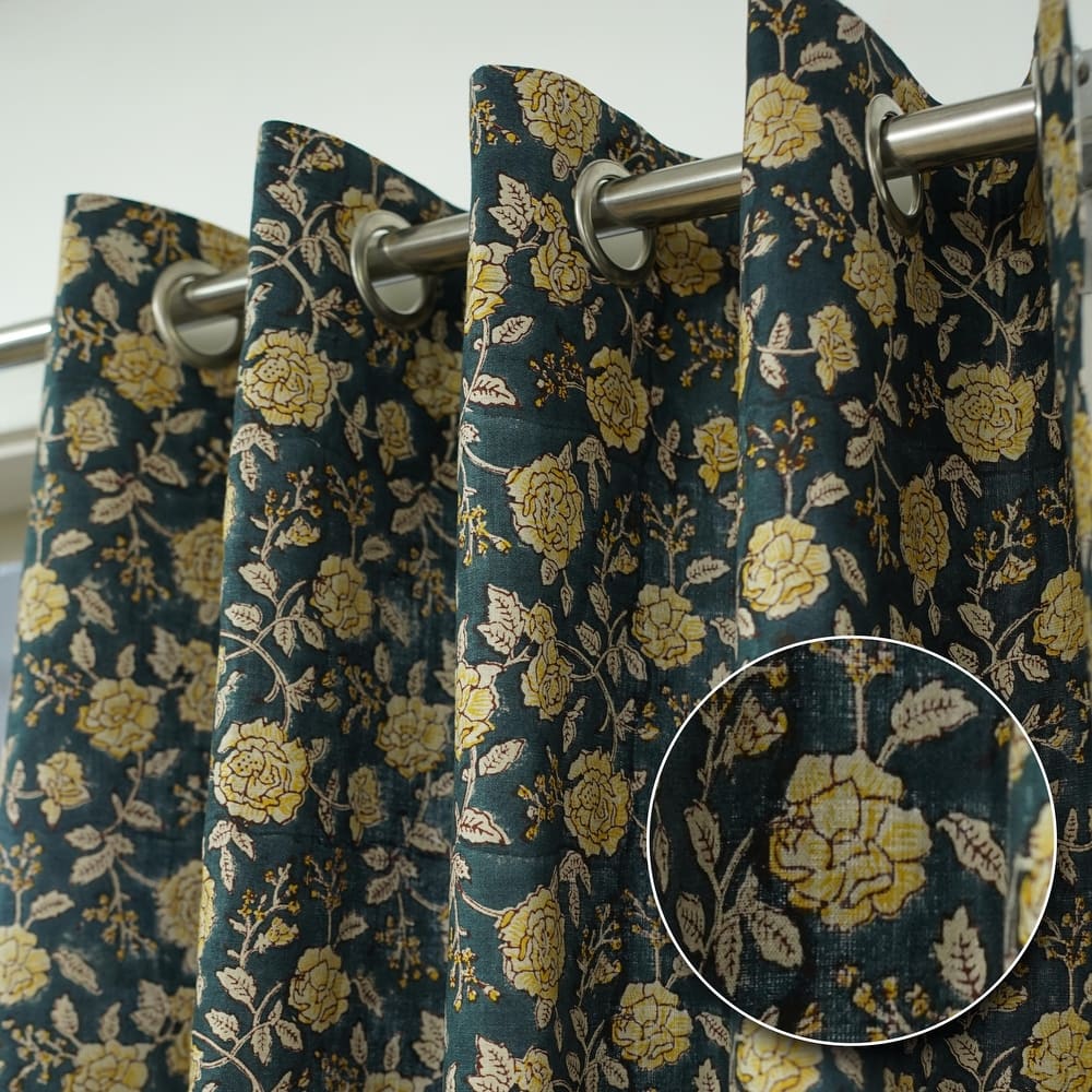 Fabdivine Handmade Soft Pure Linen Fabric Eyelet Curtain Block Print Floral Drape