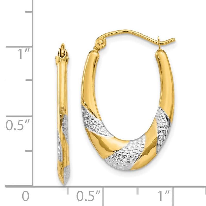 Curata 14k Yellow Gold and Rhodium 3x25mm Textured Oval Hoop Earrings