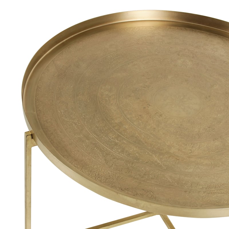 Eros Antique Brass-Finish Etched Floral Tray-Top Accent Table by East at Main