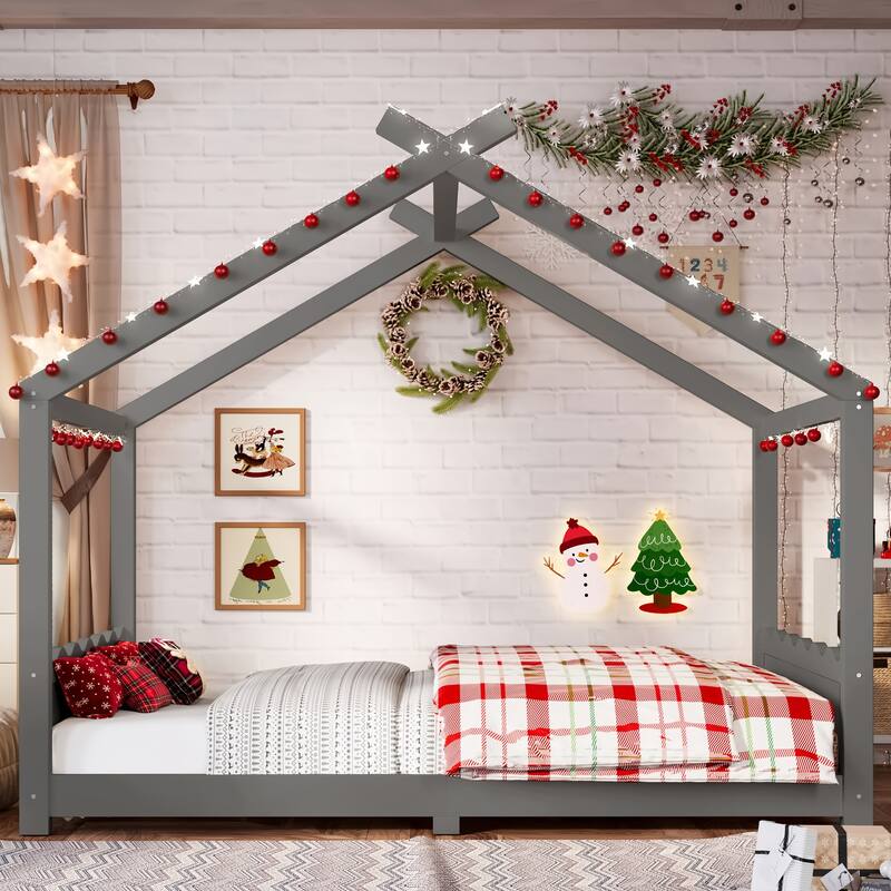 Full House Floor Bed with Support Slats, Solid Wood House Bed Frame for Kids, No Box Spring Needed