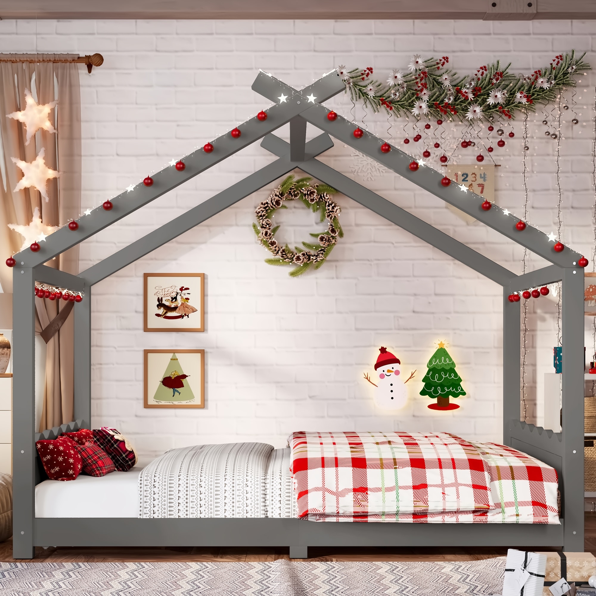 Montessori Bed Floor House Bed with Wave-shaped Headboard and Footboard