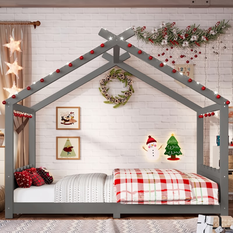 Queen/Full/Twin Solid Wood House Floor Bed, No Box Spring Needed