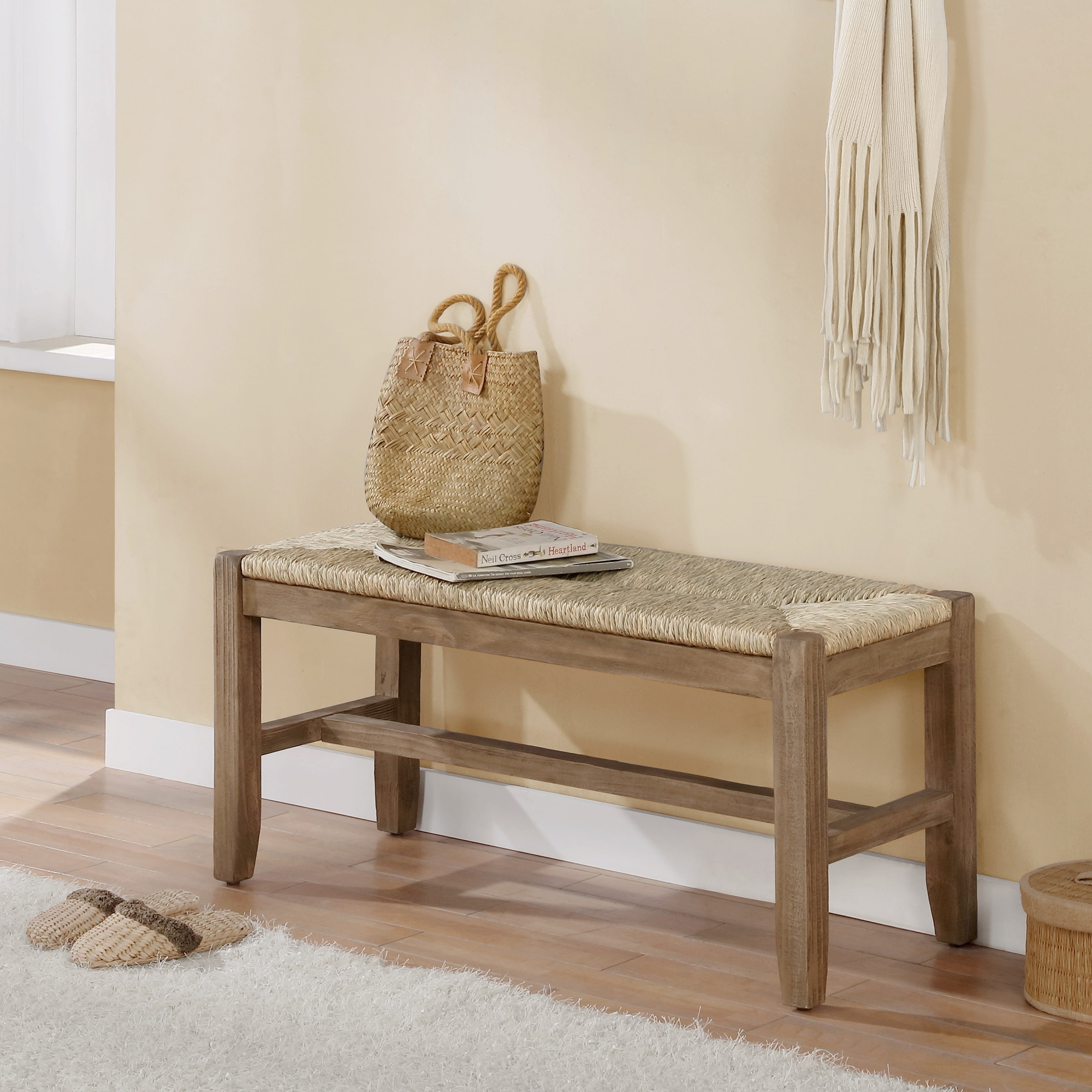 The Gray Barn Enchanted Acre 40-inch Wood Bench with Rush Seat