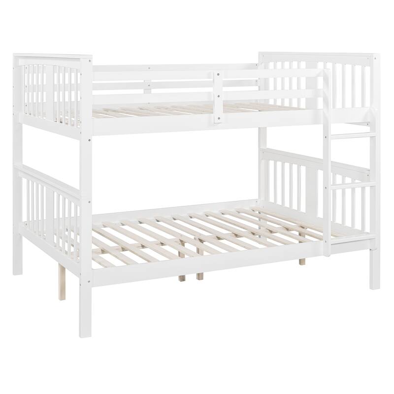 Full over Full Bunk Bed with Ladder, White, No Box Spring Needed, Solid Pine Wood Construction