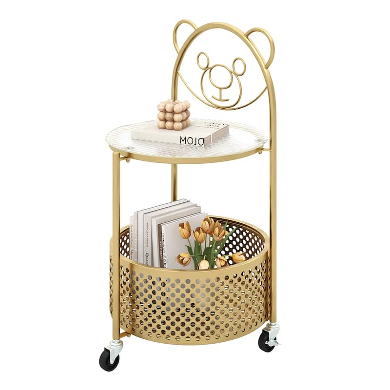 Gymax 2-Tier Mobile Glass Coffee Table w/ Bear Pattern Storage Basket - Gold