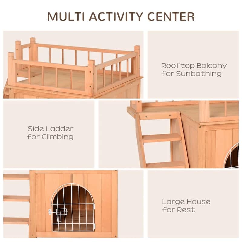 2-Level Wooden Cat House Outdoor With Lockable Wire Door - 28.75" L x 20.5" W x 25.75" H