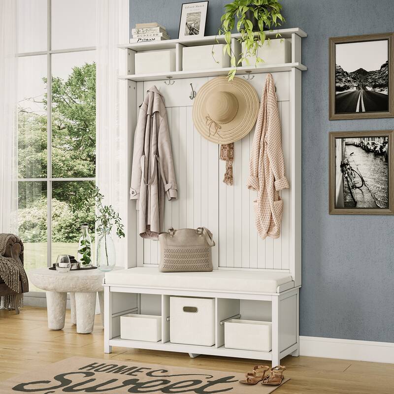 John Louis Home Solid Wood Hall Tree with Shoe and 1 Bin Storage - White