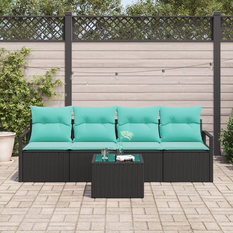 vidaXL 5 Garden Sofa Set with Cushions Black/Brown/Grey Poly Rattan - 68.9 x 24.4 x 27.2