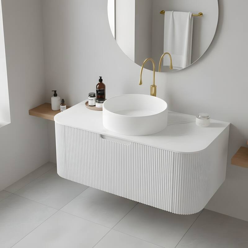 Wall Mounted Bathroom with White Round Ceramic Basin and Drawer